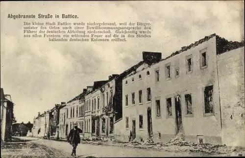 Ak Battice Wallonien Lüttich, Abgebrannte Straße, Kriegszerstörungen, I. WK