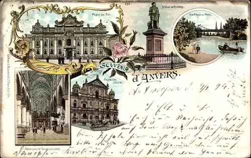 Litho Anvers Antwerpen Flandern, Palais du Roi, Rubens Statue, Park, Eglise