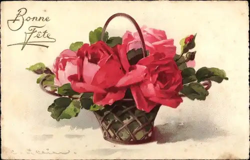 Künstler Ak Klein, Catharina, Glückwunsch Neujahr, Blumenkorb mit roten Rosen