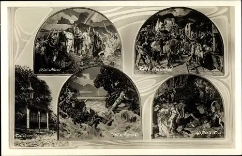 Ak Wilhelm Tell, Tellskapelle, Tell's Sprung, Rütlischwur