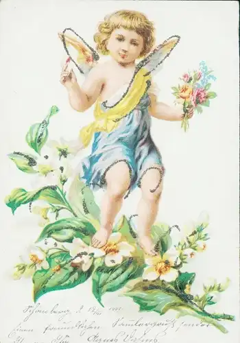 Glitzer Litho Engel mit Schmetterlingsflügeln, Blumen