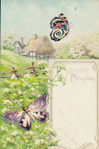 Glitzer Litho Glückwunsch Pfingsten, Schmetterlinge