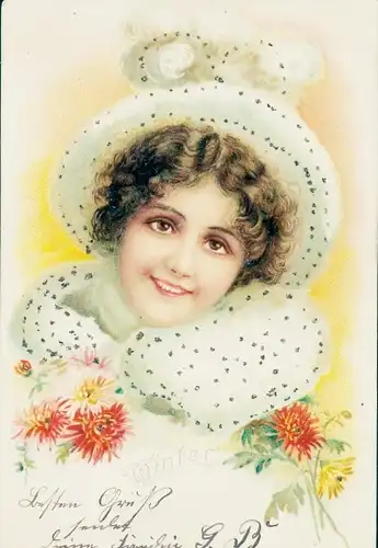 Glitzer Litho Winter, Frauenportrait, Pelzmütze und Kragen