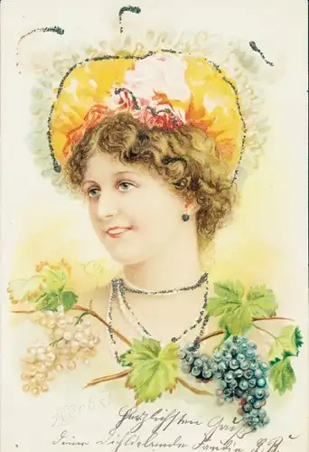 Glitzer Litho Herbst, Frauenporträt, Weintrauben, Perlenkette