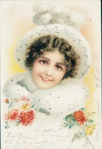 Glitzer Litho Winter, Frauenportrait, Pelzmütze und Kragen