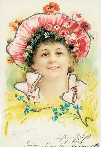 Glitzer Litho Sommer, Frauenporträt, Hut, Mohnblumen, Kornblumen, Getreideähren