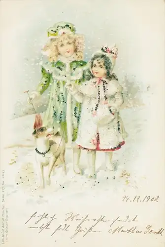 Glitzer Litho Zwei Mädchen in Wintermänteln, Hund