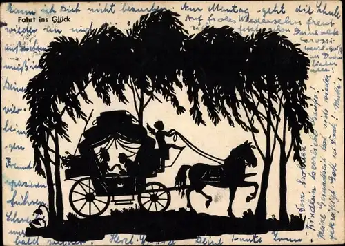 Scherenschnitt Ak Fahrt ins Glück, Liebespaar in Kutsche, Amor als Kutscher