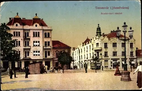 Ak Temesvár Timișoara Temeswar Rumänien, Scuder teri reszlet, Straßenbahn
