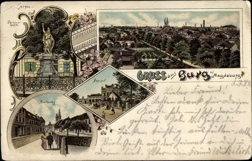 Litho Burg bei Magdeburg, Denkmal, Breitesteg, Bahnhof, Panorama