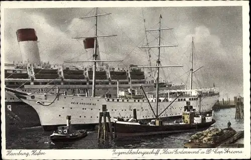 Ak Hamburg, Hafen, Jugendherbergsschiff Hein Godenwind, Dampfer Cap Arcona, HSDG