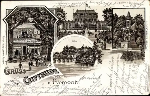 Litho Bad Pyrmont in Niedersachsen, Gruß von der Giftbude, Neues Kurhaus, Schloss, Kriegerdenkmal