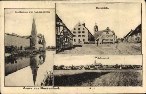 Ak Merkendorf in Mittelfranken, Stadtmauer, Marktplatz, Grabenpartie, Totalansicht