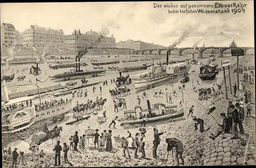 Künstler Ak Dresden, Elbverkehr beim tiefsten Wasserstand 1904, Dampfer Hohenzollern, Anwohner
