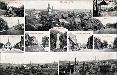 Ak Werdau an der Pleiße in Sachsen, Stadtansichten, Markt, Rathaus, Bahnhofstraße, Reichenbacher Str