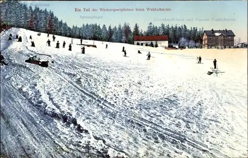 Ak Bad Reiboldsgrün Auerbach im Vogtland, Pension Waldschuster, Sprunghügel, Rodelbahn, Winter