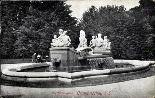 Ak Crimmitschau in Sachsen, Wettinbrunnen, Bismarckhain, Figuren