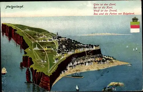 Ak Nordseeinsel Helgoland, Insel aus der Vogelschau, Wappen, Reim