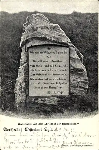 Ak Westerland auf Sylt, Gedenkstein auf dem Friedhof der Heimatlosen