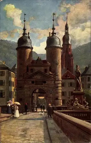 Künstler Ak Hoffmann, H., Heidelberg am Neckar, Brückentor, Denkmal Karl Theodor, alte Neckarbrücke