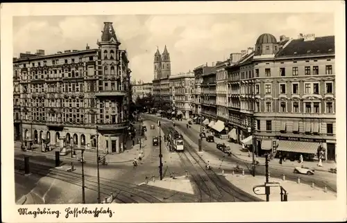 Ak Magdeburg an der Elbe, Hasselbachplatz, Geschäfte, Straßenbahn