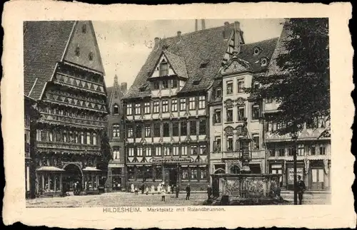 Ak Hildesheim in Niedersachsen, Marktplatz mit Rolandbrunnen, Geschäfte