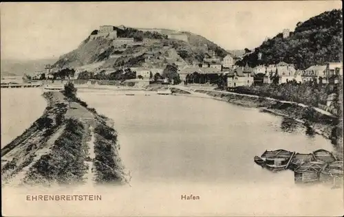Ak Ehrenbreitstein Koblenz am Rhein, Teilansicht mit Hafen