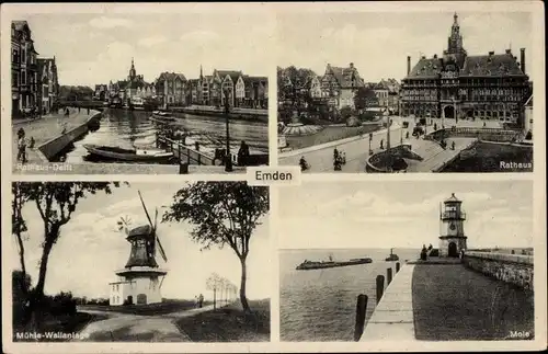 Ak Emden in Ostfriesland, Rathaus Delft, Rathaus, Mühle Wallanlage, Mole