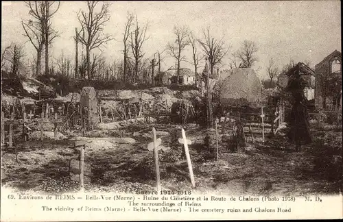 Ak Belle-Vue Marne, Ruine du Cimetiere et la Route de Chalons