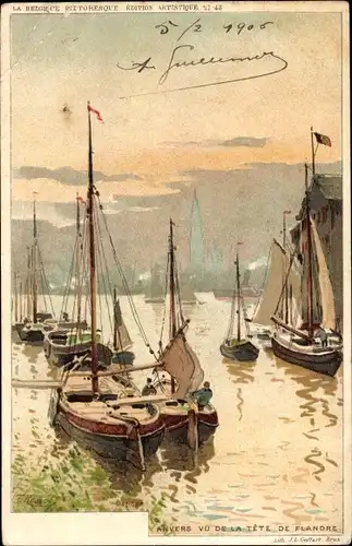 Künstler Litho Ranot, F., Antwerpen Anvers Flandern, Vue de la Tete de Flandre, Segelboote