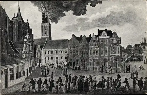 Ak Zwolle Overijssel Niederlande, Brand in den toren der O. L. V. kerk 1815, Groote Markt