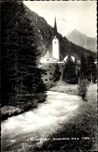 Ak St. Siegmund im Sellraintal, Tirol, Blick auf Ort, Fluss, Kirche