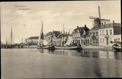Ak Terneuzen Zeeland Niederlande, Heerengracht, Boote, Windmühle