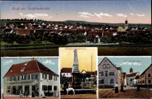 Ak Großrinderfeld in Tauberfranken, Warenhandlung, Hauptstraße, Kriegerdenkmal, Totalansicht