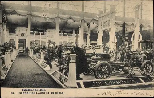 Ak Liège Lüttich Wallonien, Exposition 1905, Section de l'Auto et du Cycle, J. de Cosmo et Cie.