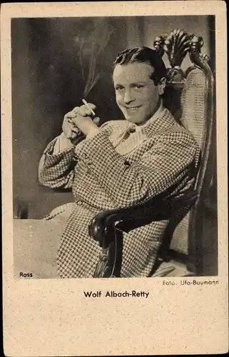 Ak Schauspieler Wolf Albach Retty, Portrait mit Zigarette, Stuhl