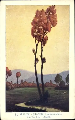 Künstler Ak Hansi, Jean Jacques Waltz, Alsace, Elsass, Les deux arbres, Zwei Bäume