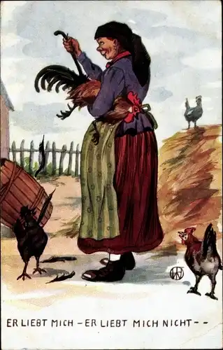 Künstler Ak Er liebt mich, er liebt mich nicht, Bäuerin beim Federrupfen eines Hahnes