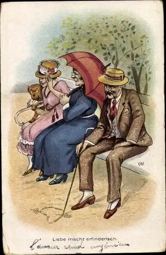 Ak Liebe macht erfinderisch, Liebespaar auf einer Bank, Anstandsdame
