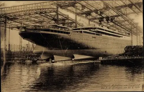 Ak Dampfschiff Bismarck, HAPAG, Stapellauf 1914