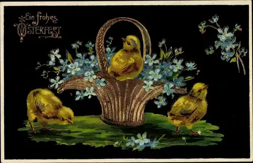 Ak Glückwunsch Ostern, Küken, Korb, Vergissmeinnicht