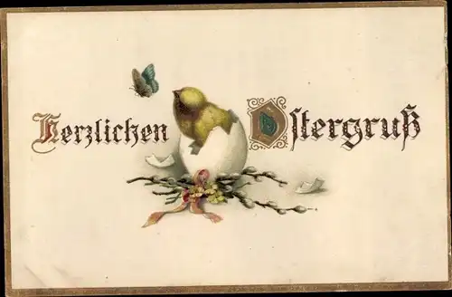 Ak Glückwunsch Ostern, Küken schlüpft aus, Schmetterling