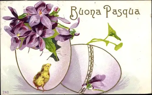 Präge Ak Glückwunsch Ostern, Ostereier, Veilchen, Küken