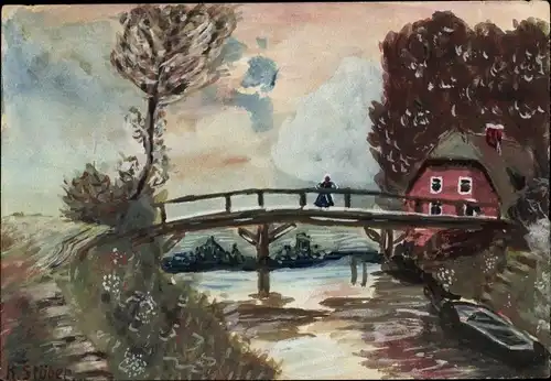 Künstler Ak Stöber, K., Dorfpartie, Fluss, Brücke, Wohnhaus