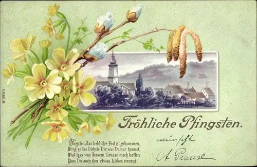 Litho Glückwunsch Pfingsten, Stadtansicht, Blumen, Weidenkätzchen