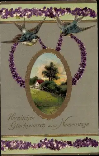 Präge Ak Glückwunsch Namenstag, Schwalben, Blumen