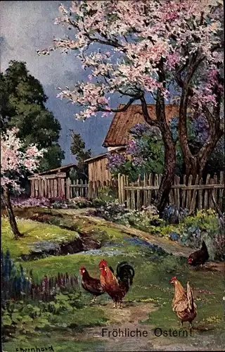 Künstler Ak Glückwunsch Ostern, Hühner, Bauernhof, Blühende Bäume