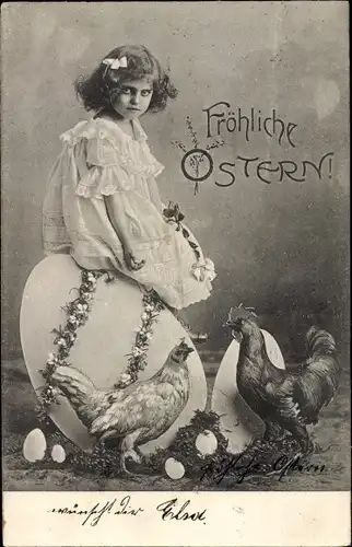 Ak Glückwunsch Ostern, Mädchen auf Osterei sitzend, Hühner