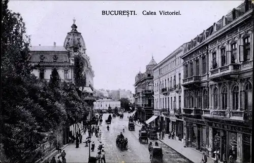 Ak București Bukarest Rumänien, Calea Victoriei, Straßenpartie mit Geschäften