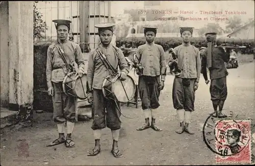 Ak Hanoi Tonkin Vietnam, Tirailleurs Tonkinos, Groupe de Tambours et Clairons, Trommel, Horn